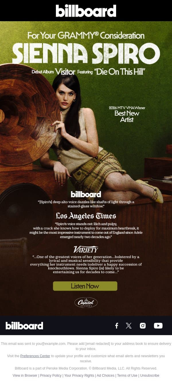 SIENNA SPIRO: For Your GRAMMY® Consideration email from Billboard screenshot