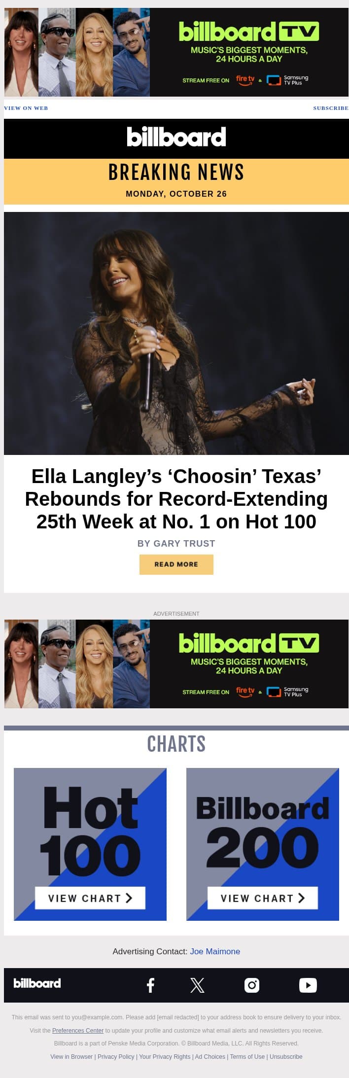 Ella Langley’s ‘Choosin’ Texas’ Rebounds for Record-Extending 25th Week at No. 1 on Hot 100 email from Billboard screenshot