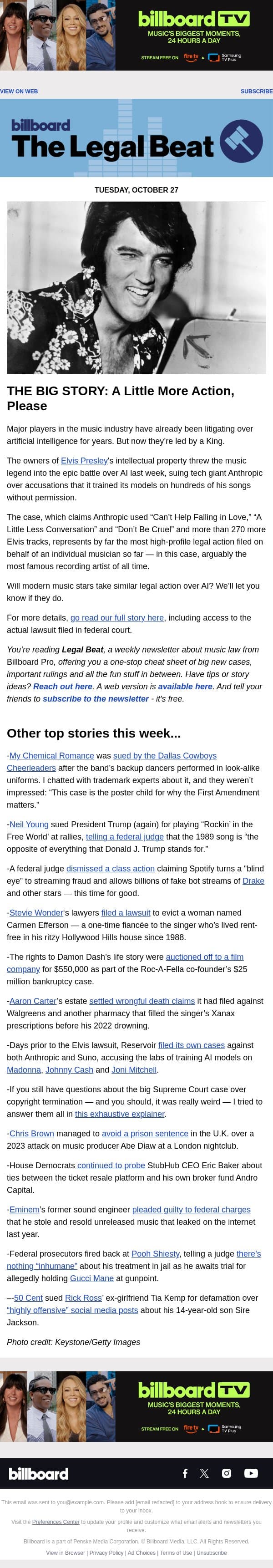 Legal Beat: Elvis, Drake, Neil Young email from Billboard screenshot