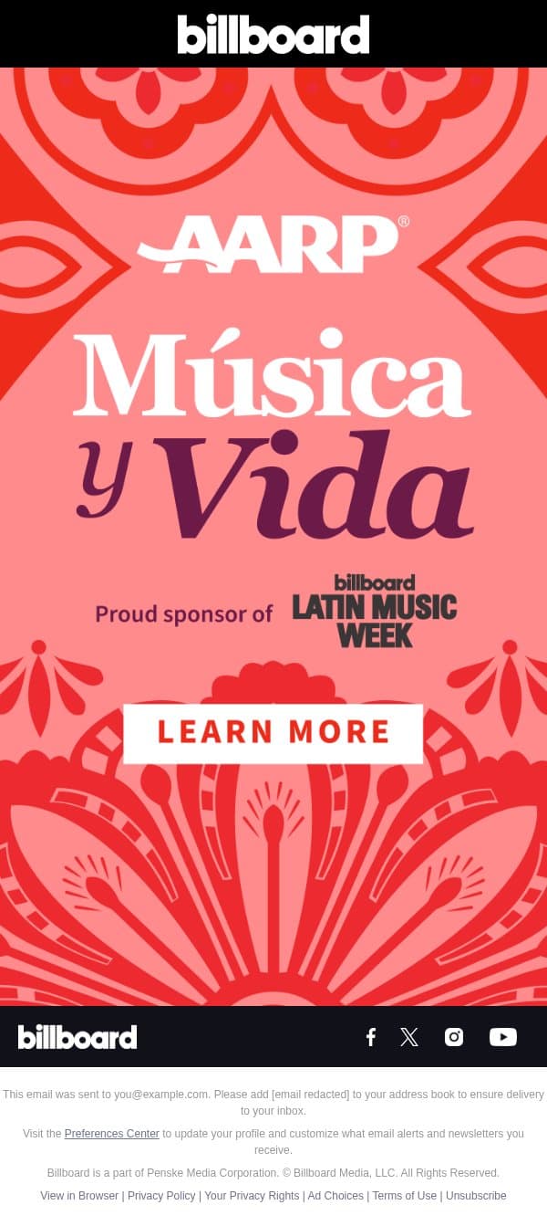 AARP INVITES YOU TO CELEBRATE MÚSICA Y VIDA—AND IMAGINE WHAT’S NEXT. email from Billboard screenshot