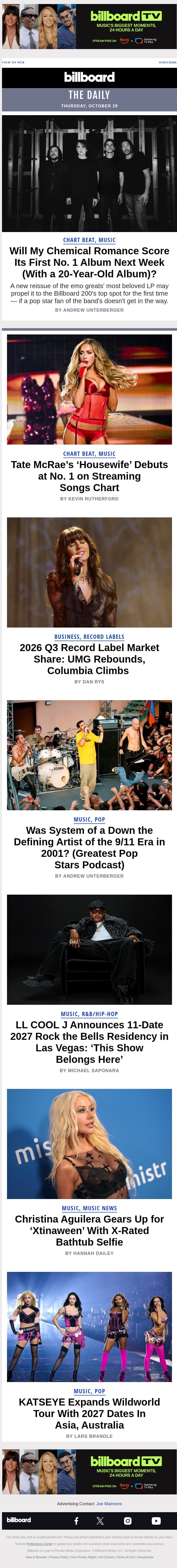 Will My Chemical Romance Score Its First No. 1 Album Next Week (With a 20-Year-Old Album)? email from Billboard screenshot