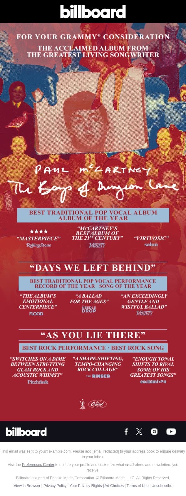 "Masterpiece" ★★★★ | PAUL McCARTNEY – 'THE BOYS OF DUNGEON LANE' | FOR YOUR GRAMMY® CONSIDERATION email from Billboard screenshot
