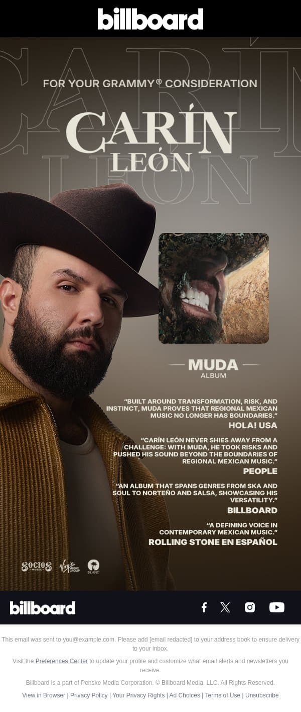 Carín León – For Your GRAMMY® Consideration email from Billboard screenshot