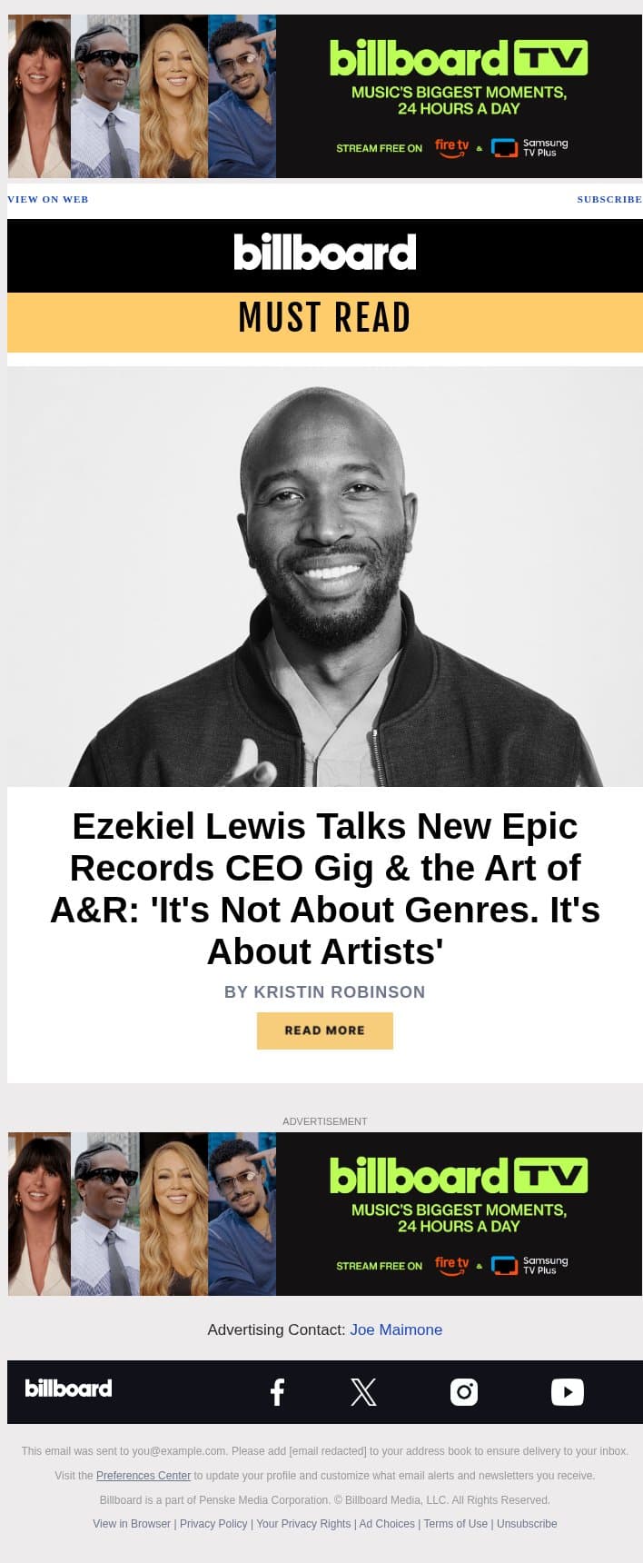 Ezekiel Lewis Talks New Epic Records CEO Gig & the Art of A&R: 'It's Not About Genres. It's About Artists' email from Billboard screenshot