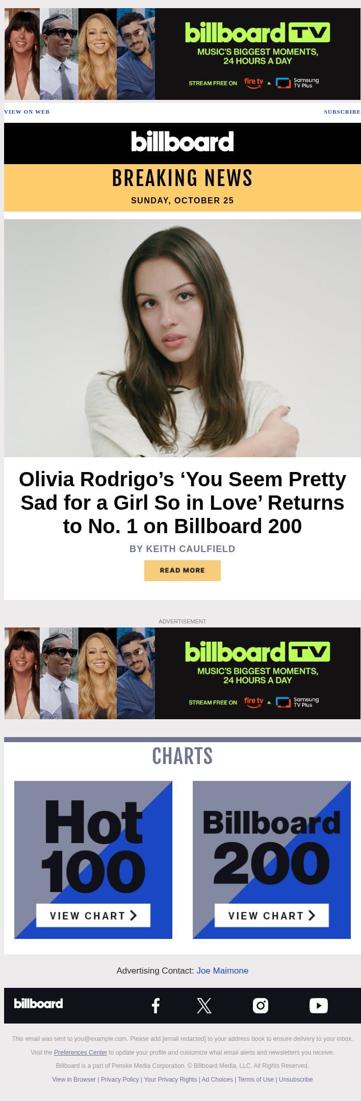 Olivia Rodrigo’s ‘You Seem Pretty Sad for a Girl So in Love’ Returns to No. 1 on Billboard 200 email from Billboard screenshot