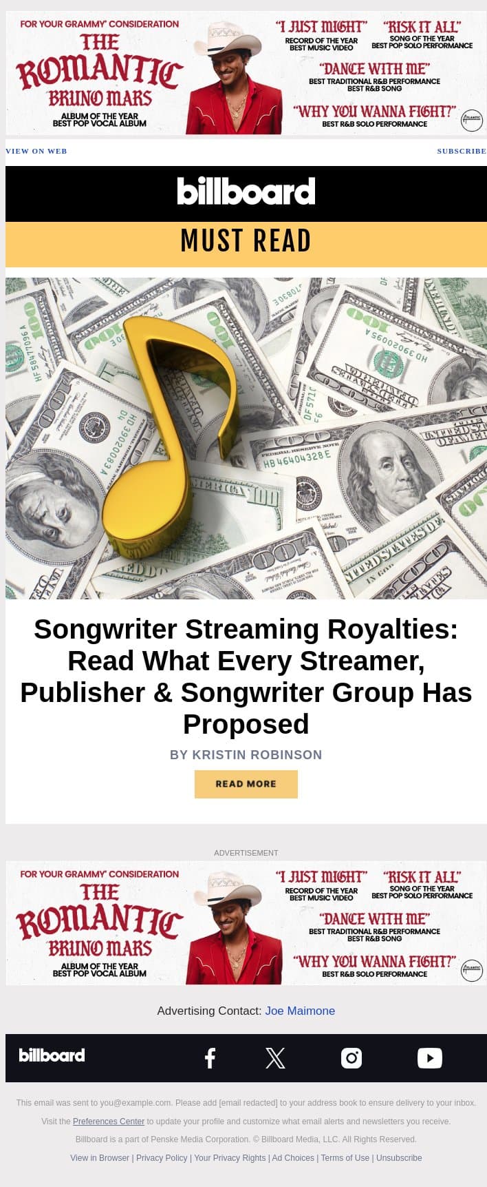 Songwriter Streaming Royalty Rates: What Streamers, Publishers & Songwriters Proposed for Phono V email from Billboard screenshot