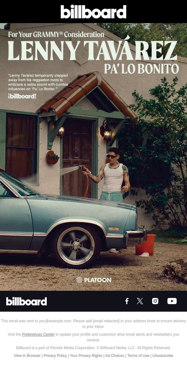 Lenny Tavárez: For Your GRAMMY® Consideration email from Billboard screenshot