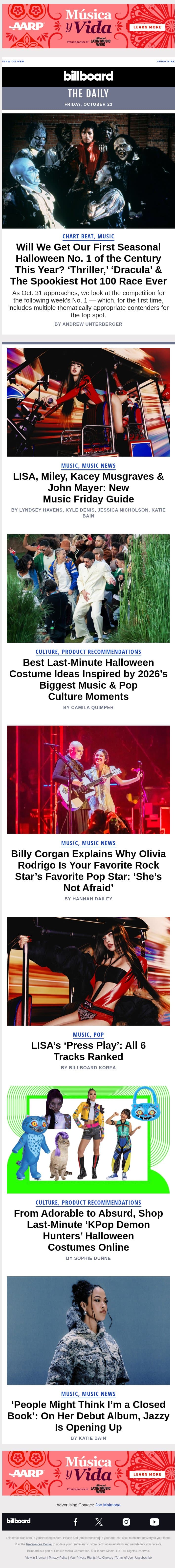 Will We Get Our First Seasonal Halloween No. 1 of the Century This Year? 'Thriller,' 'Dracula' & The Spookiest Hot 100 Race Ever email from Billboard screenshot