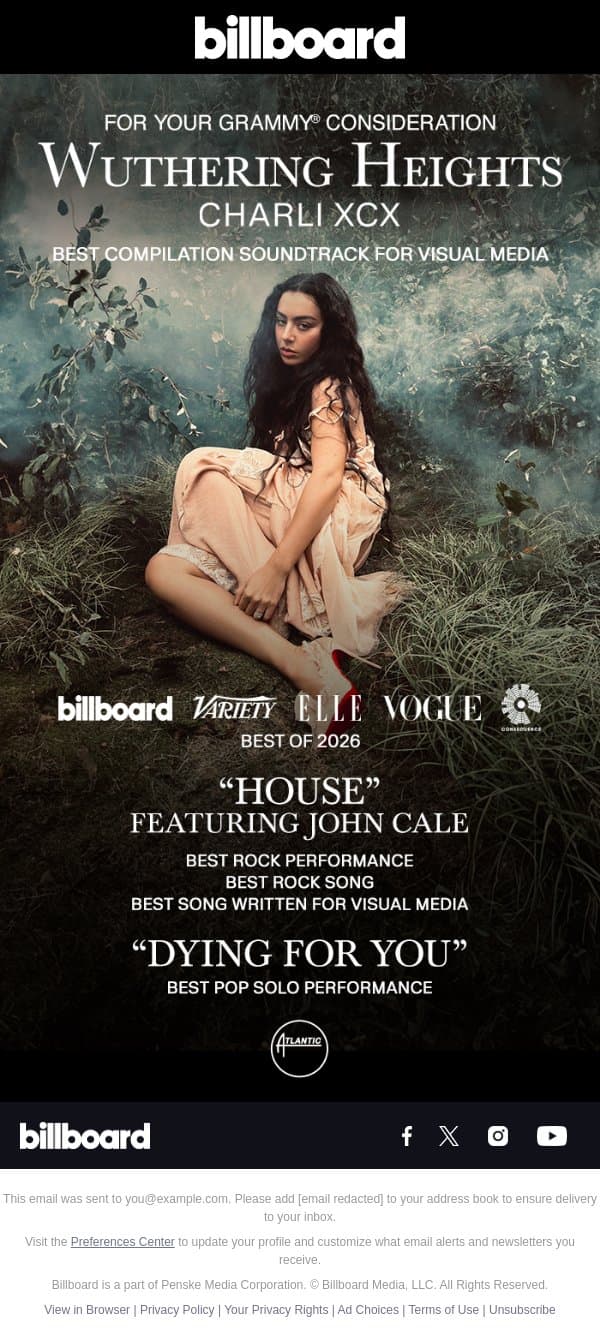 CHARLI XCX - Wuthering Heights: For Your GRAMMY® Consideration email from Billboard screenshot