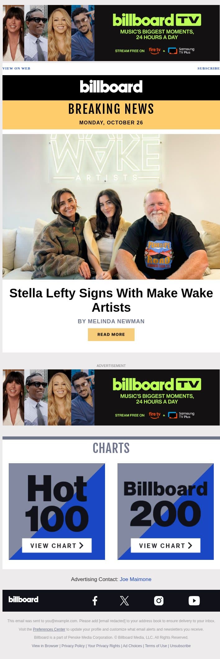 Stella Lefty Signs With Make Wake Artists email from Billboard screenshot