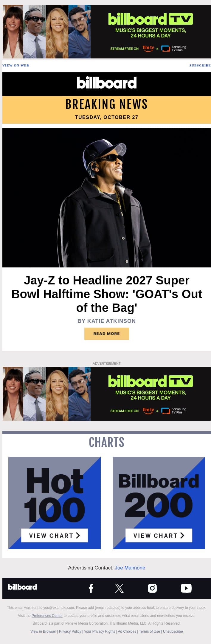 Jay-Z to Headline 2027 Super Bowl Halftime Show: 'GOAT's Out of the Bag' email from Billboard screenshot