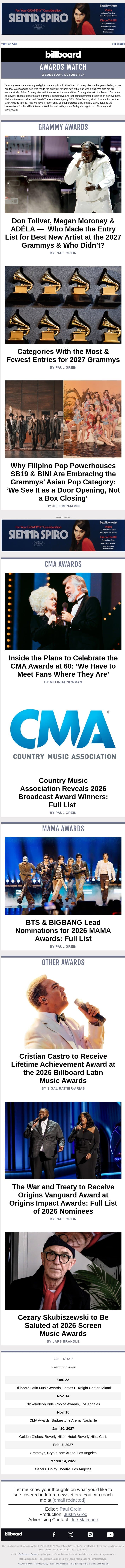 Who Made the Grammy Entry List for Best New Artist & Who Didn’t; Sarah Trahern on CMA Awards at 60; BTS & BIGBANG Lead MAMA Awards Nods email from Billboard screenshot