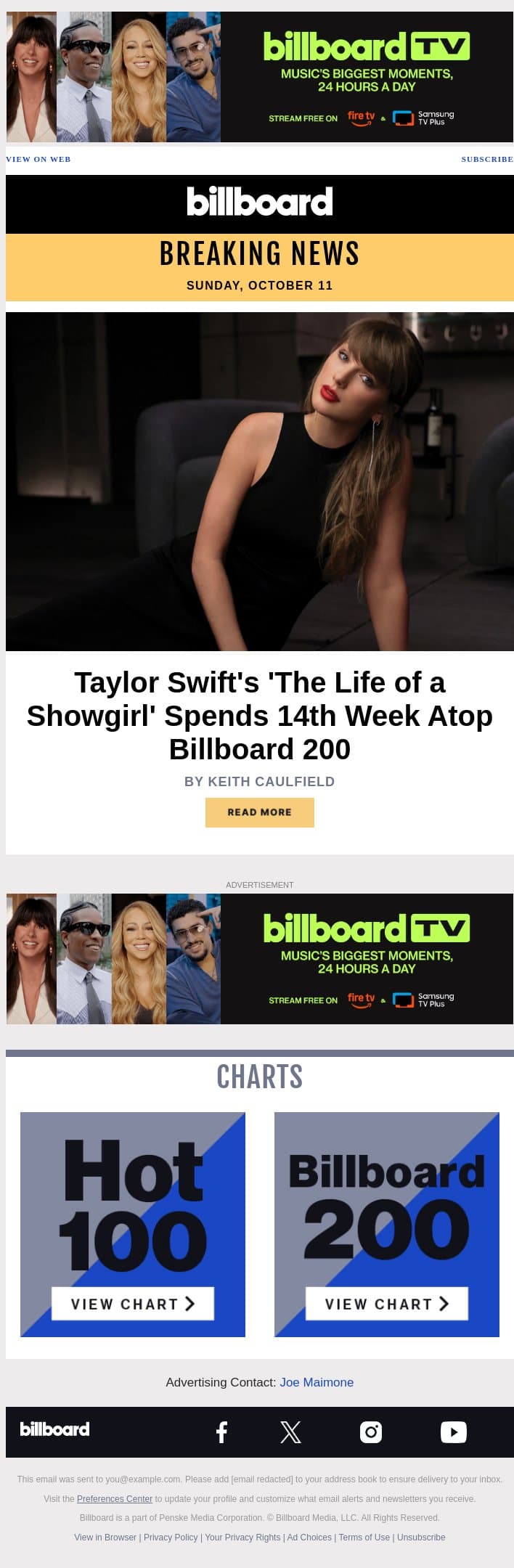 Taylor Swift's 'The Life of a Showgirl' Spends 14th Week Atop Billboard 200 email from Billboard screenshot