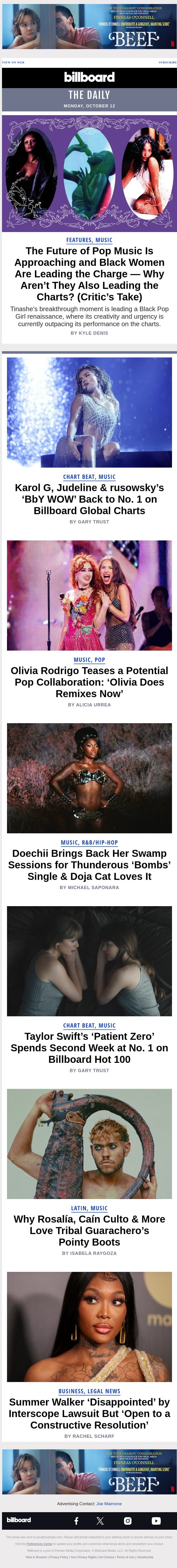 The Future of Pop Music Is Approaching and Black Women Are Leading the Charge — Why Aren't They Also Leading the Charts? email from Billboard screenshot