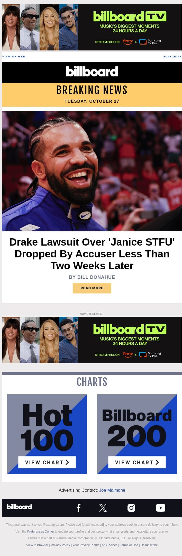Drake Lawsuit Over 'Janice STFU' Dropped By Accuser Less Than Two Weeks Later email from Billboard screenshot