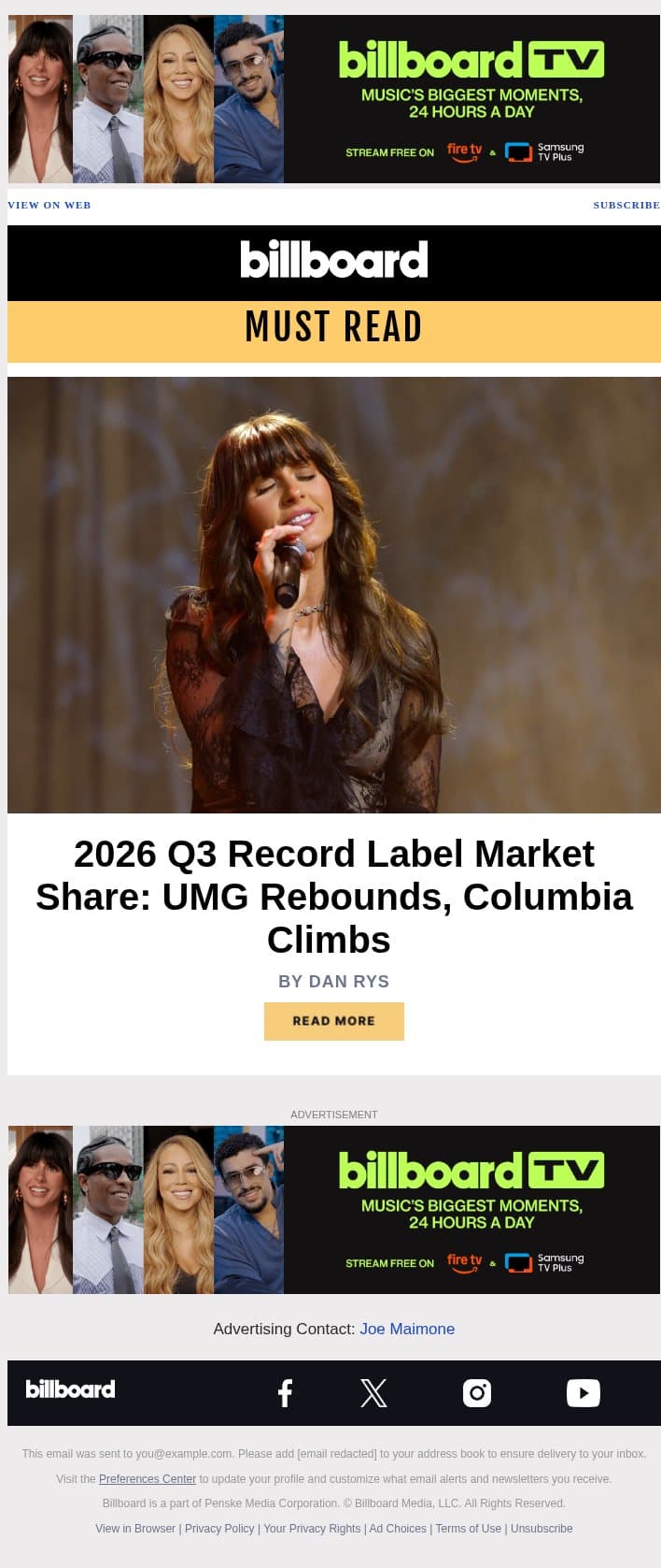 Record Label Market Share Q3 2026: See Who Came Out on Top email from Billboard screenshot