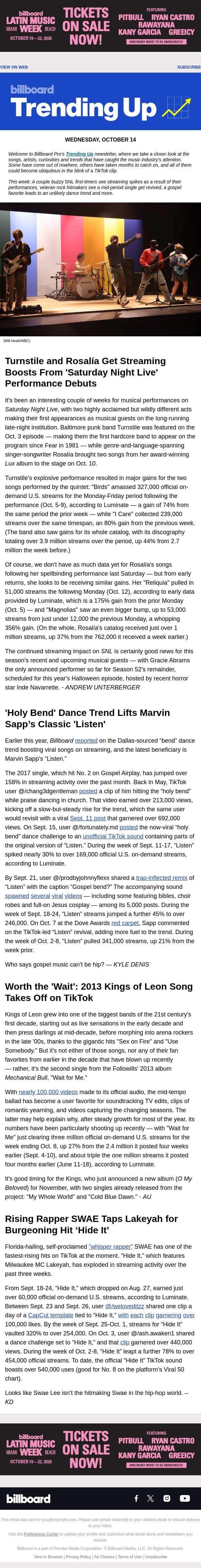 Trending Up: 'SNL' Gains for Turnstile & Rosalía, New Viral Hits & More email from Billboard screenshot