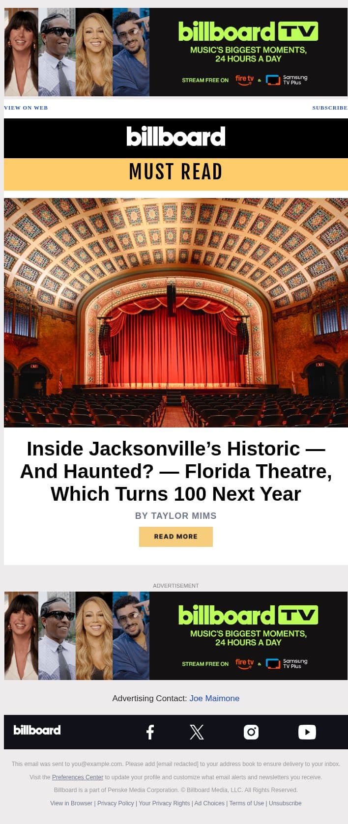 Indie Venue of the Month: The (Haunted?) Florida Theatre in Jacksonville email from Billboard screenshot