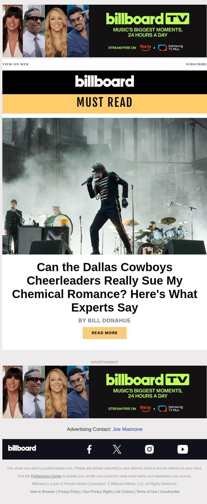 Can the Dallas Cowboys Cheerleaders Really Sue My Chemical Romance? Here's What Experts Say email from Billboard screenshot