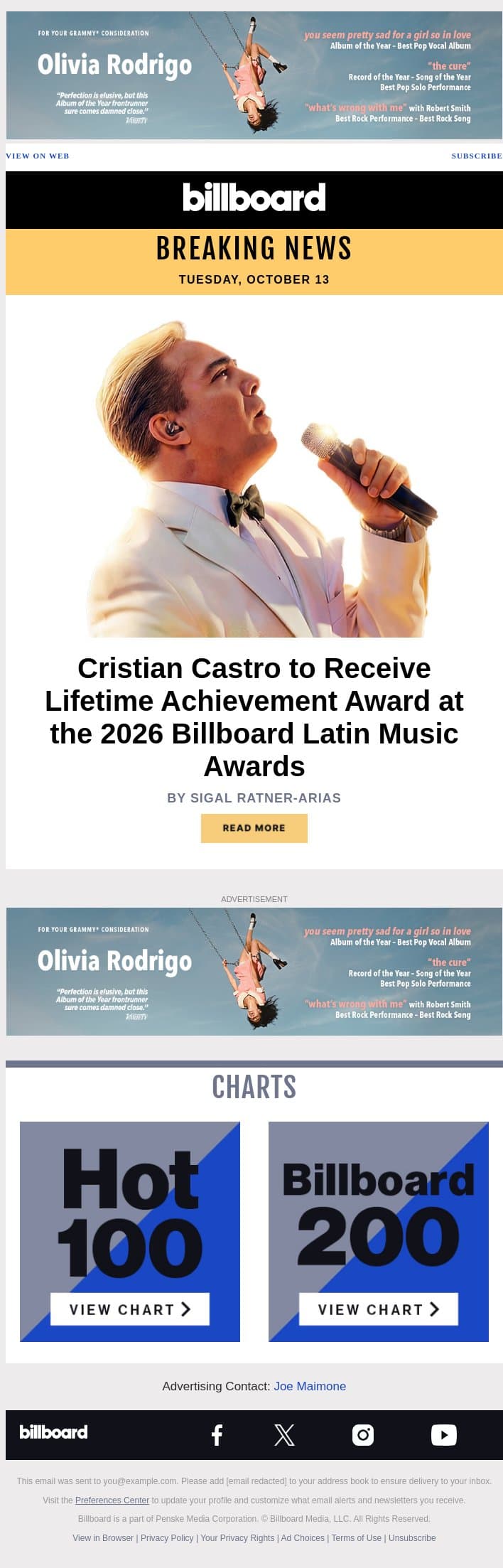 Cristian Castro to Receive Lifetime Achievement Award at the 2026 Billboard Latin Music Awards email from Billboard screenshot