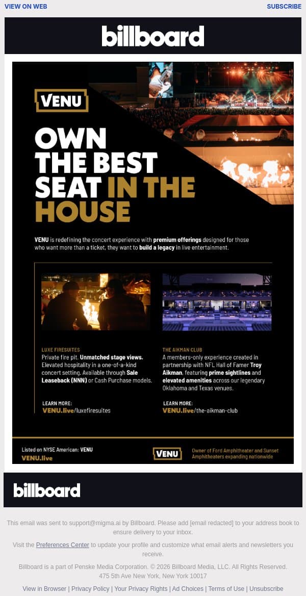 Own the Best Seat in the House | VENU's Premium Offerings email from Billboard screenshot