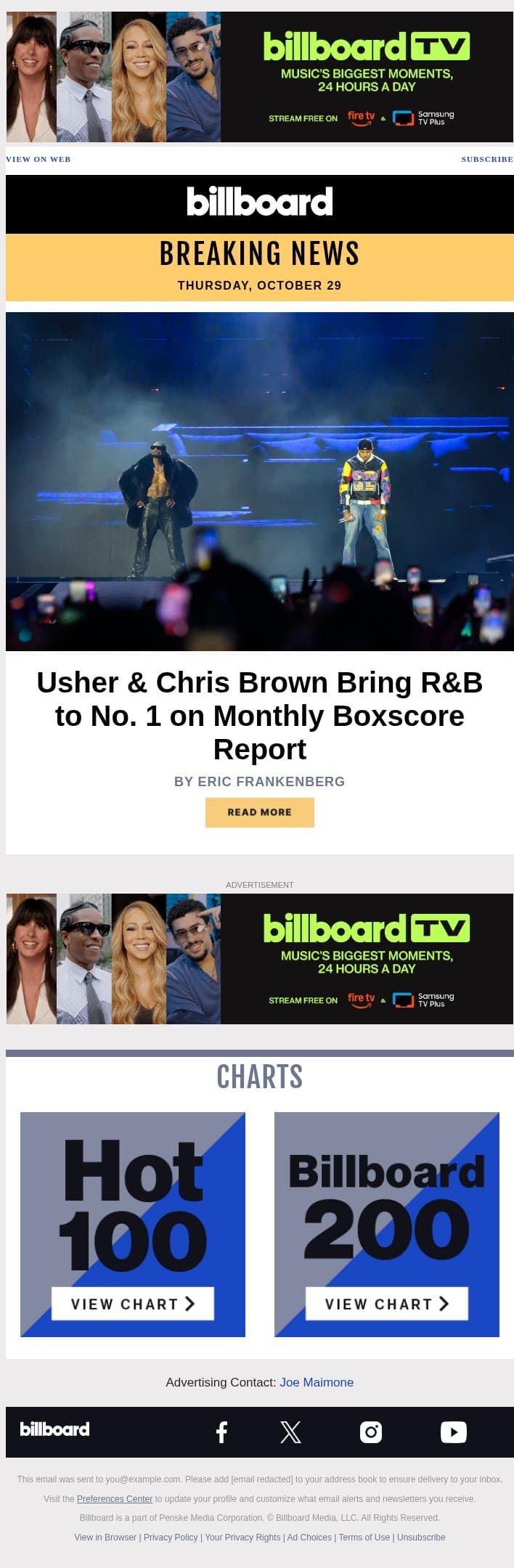 Usher & Chris Brown Bring R&B to No. 1 on Monthly Boxscore Report email from Billboard screenshot