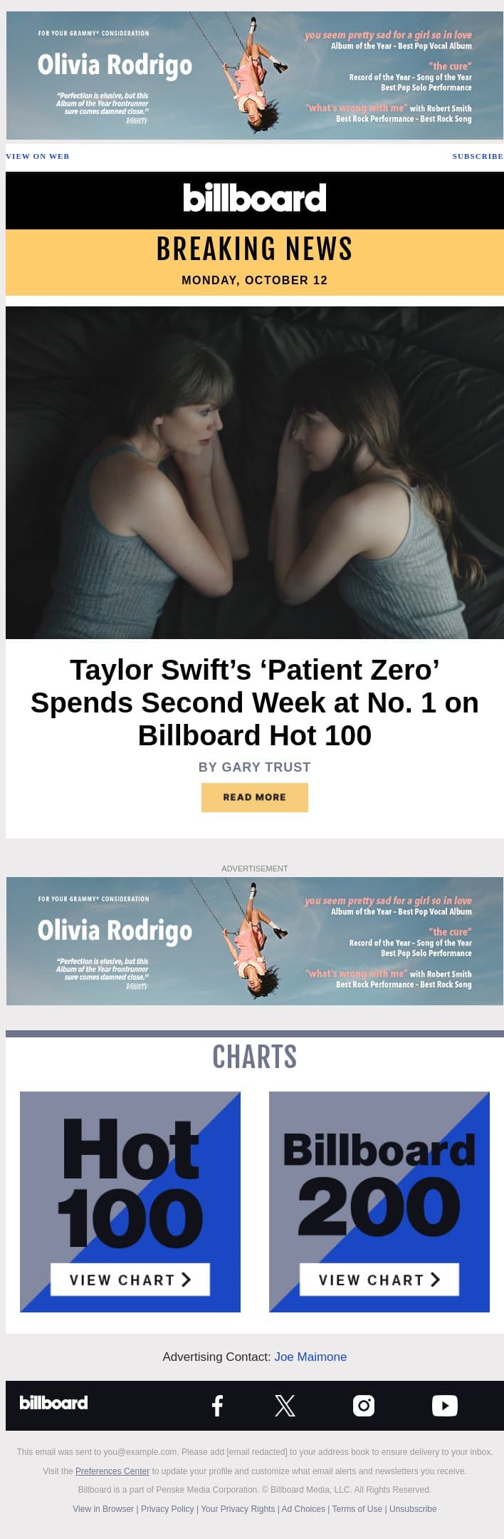 Taylor Swift’s ‘Patient Zero’ Spends Second Week at No. 1 on Billboard Hot 100 email from Billboard screenshot
