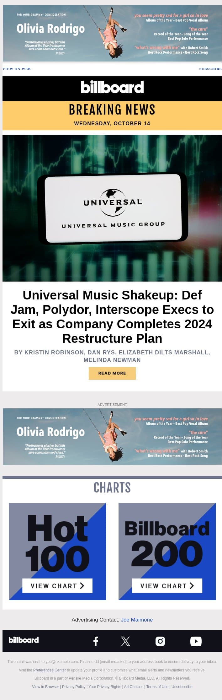 Universal Music Shakeup: Def Jam, Polydor, Interscope Execs to Exit as Company Completes 2024 Restructure Plan email from Billboard screenshot