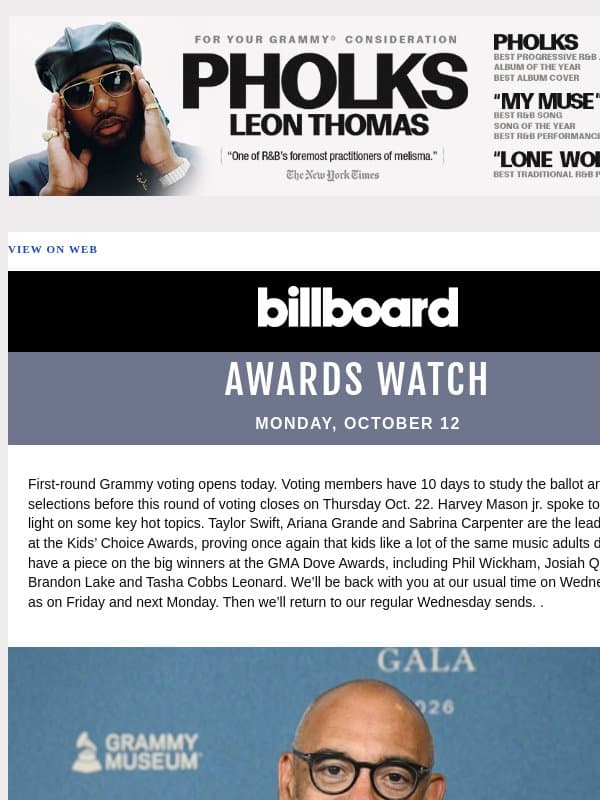 Q&A With Harvey Mason jr. as First-Round Grammy Voting Opens; Taylor Swift Leads Kids’ Choice Awards Nominations; Inside the GMA Dove Awards email from Billboard