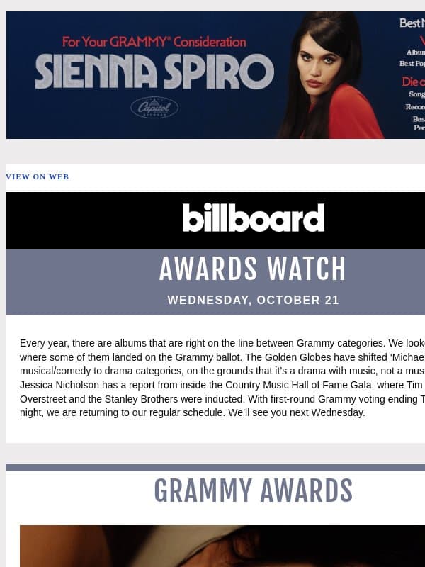 Here’s Where Genre-Bending Albums Landed on Grammy Ballot; Golden Globes Drama Over ‘Michael’ Biopic; Inside Country Music Hall of Fame Gala email from Billboard