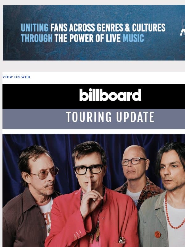 Weezer to Be Honored at Billboard Live Music Summit, Inside the NFL's International Halftime Music Strategy, and More in This Week's Touring Update email from Billboard