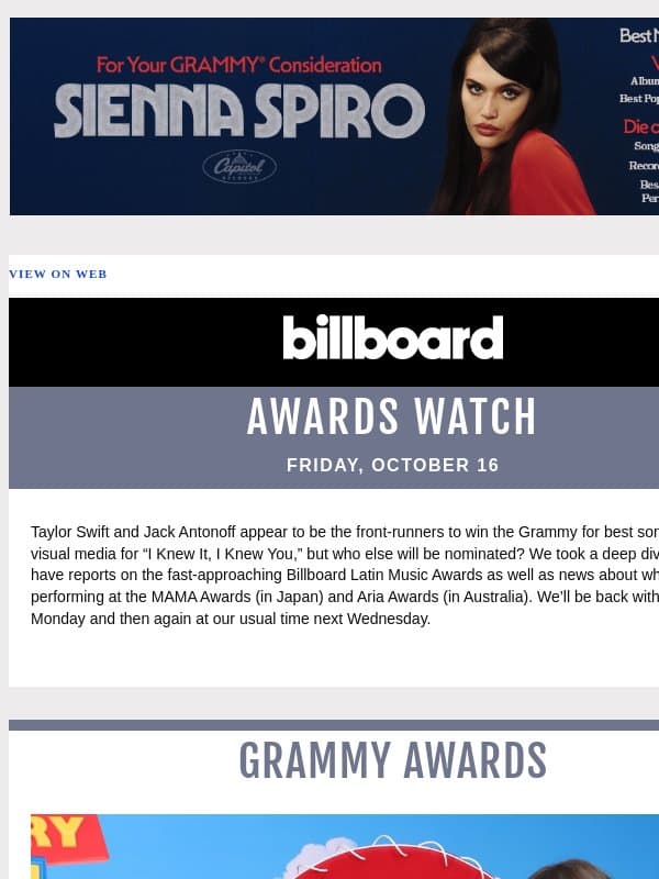 The Grammy Race for Best Song Written for Visual Media; Billboard Latin Music Awards; Who’s Performing at MAMA Awards and Aria Awards? email from Billboard