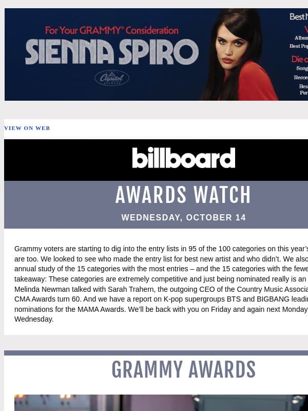 Who Made the Grammy Entry List for Best New Artist & Who Didnāt; Sarah Trahern on CMA Awards at 60; BTS & BIGBANG Lead MAMA Awards Nods email from Billboard
