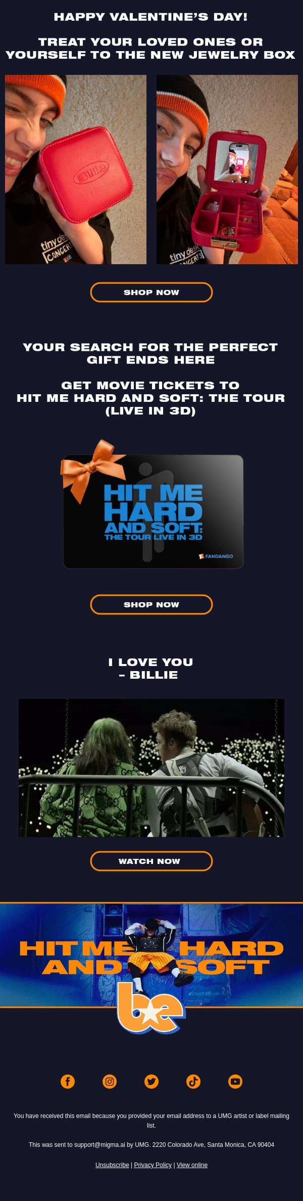 HAVE A GREAT VALENTINE’S DAY email from Billie Eilish screenshot