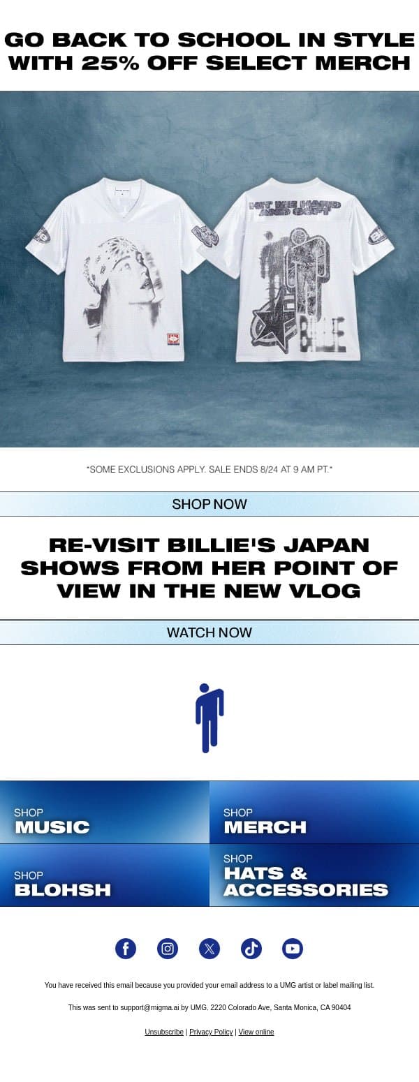 25% OFF SELECT MERCH email from Billie Eilish screenshot