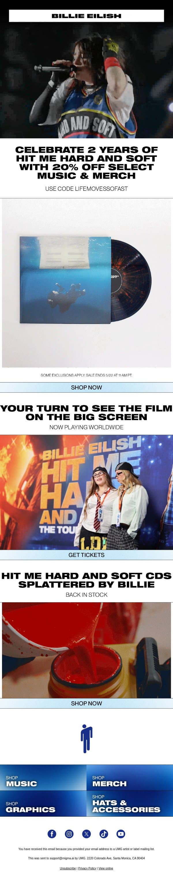 2 YEARS OF HIT ME HARD AND SOFT email from Billie Eilish screenshot