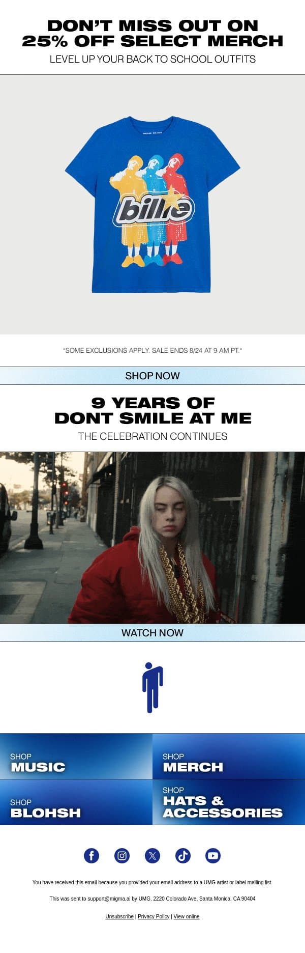 DON’T MISS OUT ON 25% OFF email from Billie Eilish screenshot