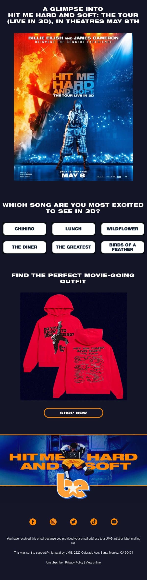 A GLIMPSE INTO HIT ME HARD AND SOFT: THE TOUR (LIVE IN 3D), IN THEATRES MAY 8TH email from Billie Eilish screenshot