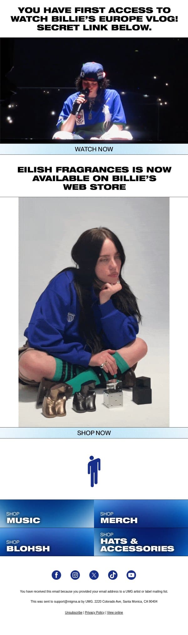 WATCH THE EUROPE VLOG BEFORE EVERYONE ELSE email from Billie Eilish screenshot