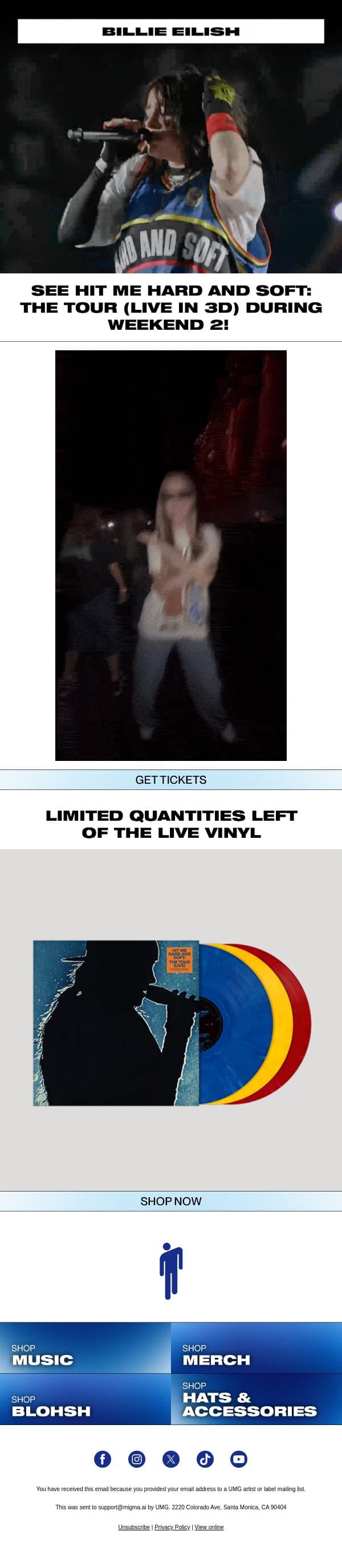 WHO IS GOING TO WEEKEND 2? email from Billie Eilish screenshot