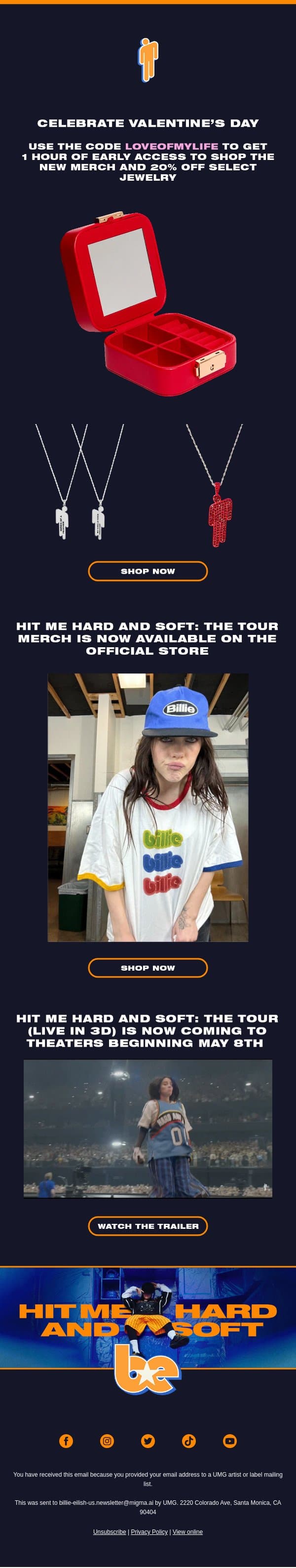 HAPPY VALENTINE'S DAY email from Billie Eilish screenshot