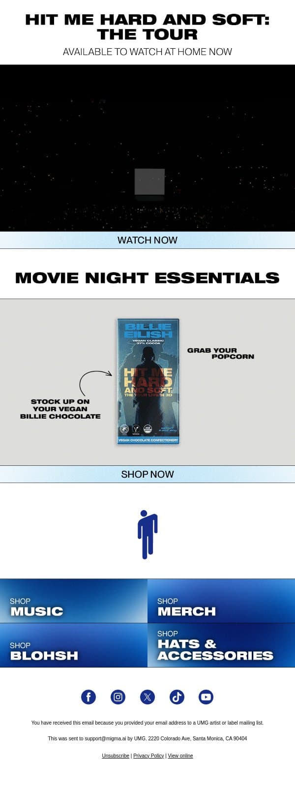 WATCH HIT ME HARD AND SOFT: THE TOUR AT HOME email from Billie Eilish screenshot