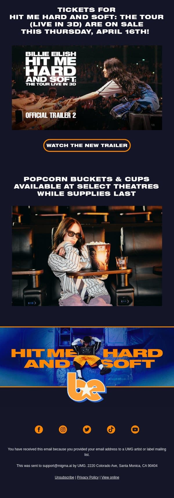 HIT ME HARD AND SOFT: THE TOUR (LIVE IN 3D) email from Billie Eilish screenshot