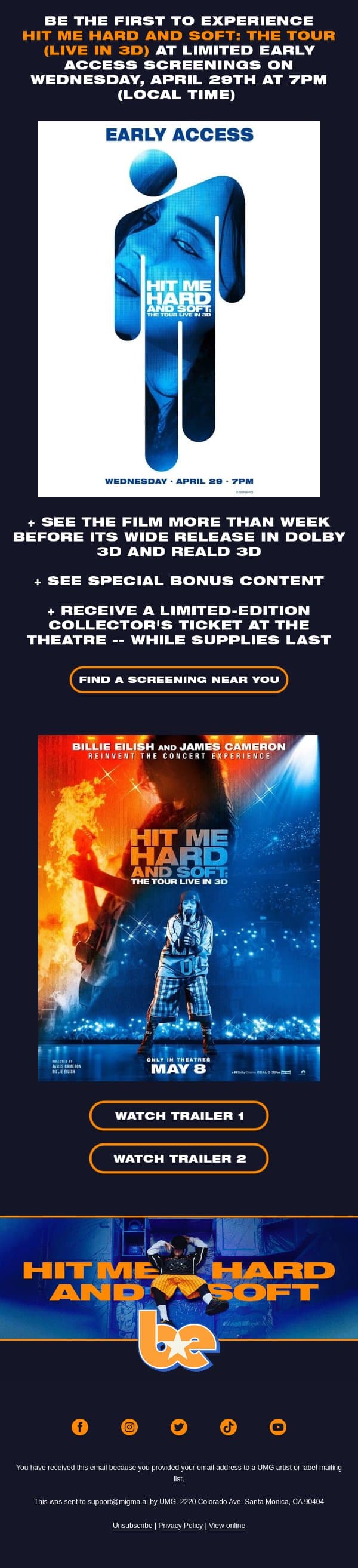 LIMITED TICKETS AVAILABLE FOR EARLY ACCESS SCREENINGS email from Billie Eilish screenshot