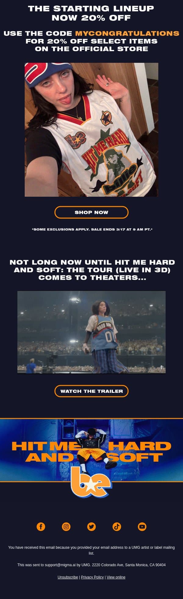 IT’S MERCH MADNESS SEASON email from Billie Eilish screenshot