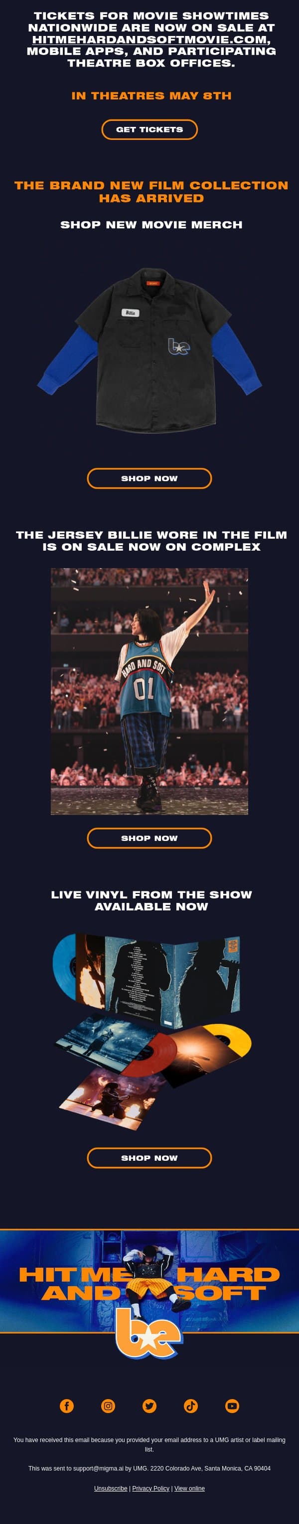MOVIE TICKETS ARE ON SALE NOW email from Billie Eilish screenshot