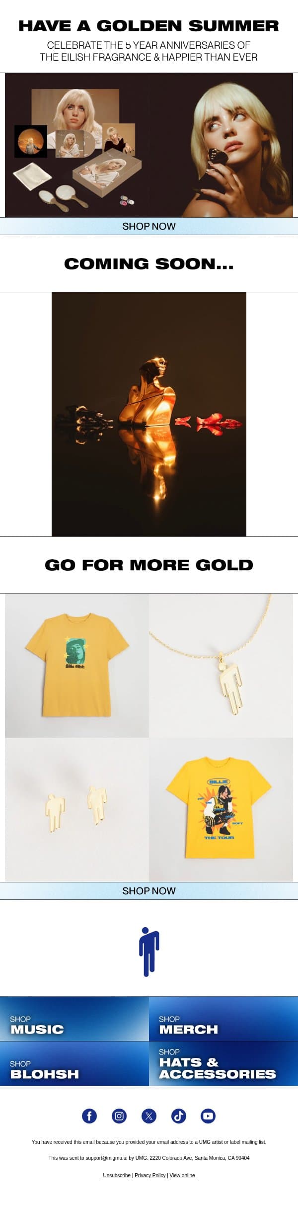 HAVE A GOLDEN SUMMER email from Billie Eilish screenshot