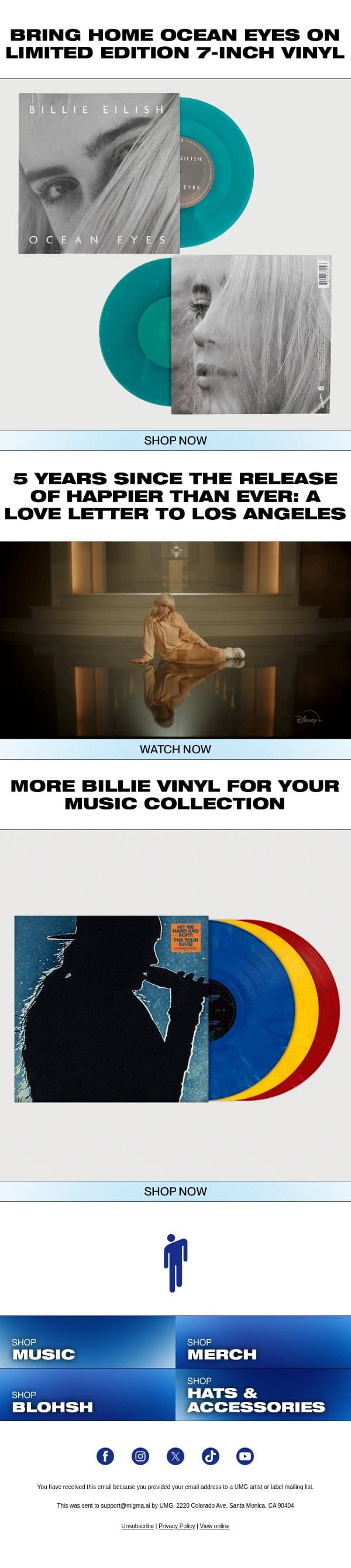 BRING HOME OCEAN EYES ON 7” VINYL email from Billie Eilish screenshot