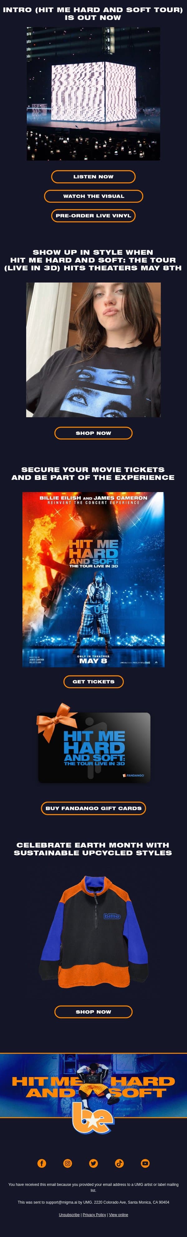 INTRO (HIT ME HARD AND SOFT TOUR) IS OUT NOW email from Billie Eilish screenshot
