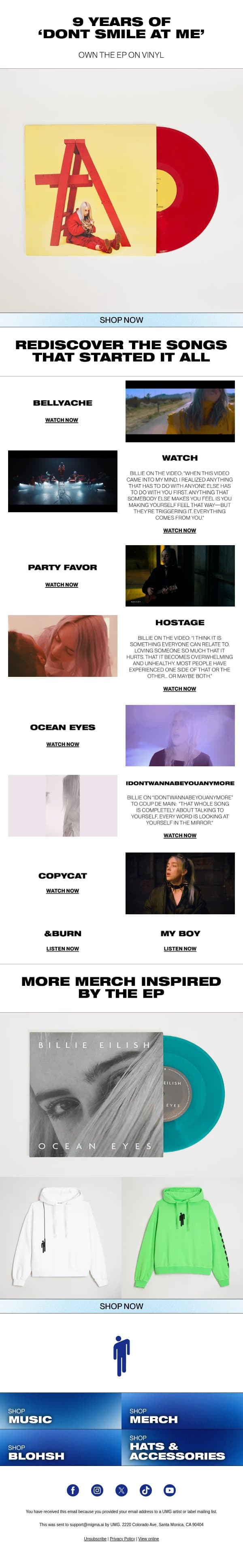 9 Years of dont smile at me email from Billie Eilish screenshot